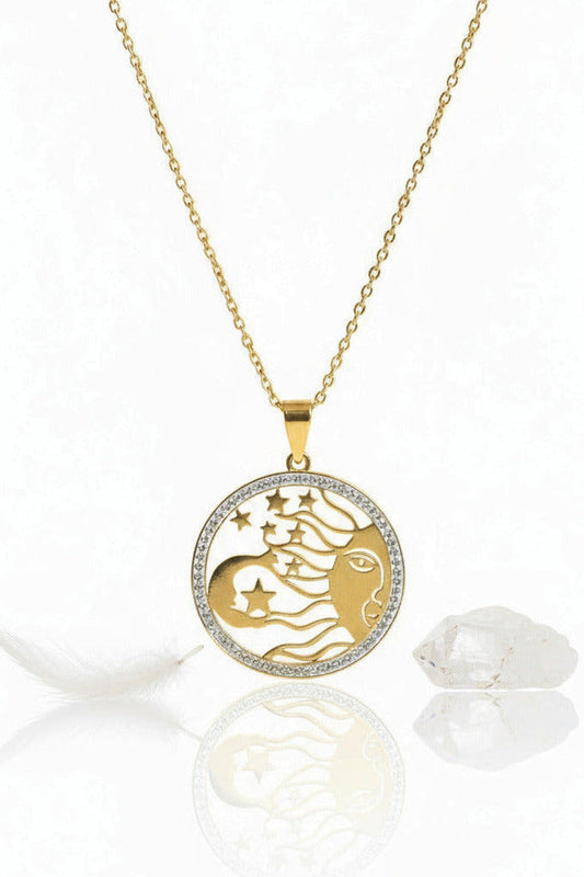 COLLIER LUNE/SOLEIL - ACIER INOXYDABLE DORÉ ET STRASS - ESOTERYS