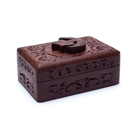 Boîte Lune/Étoile en Bois de Manguier Sculpté à la Main