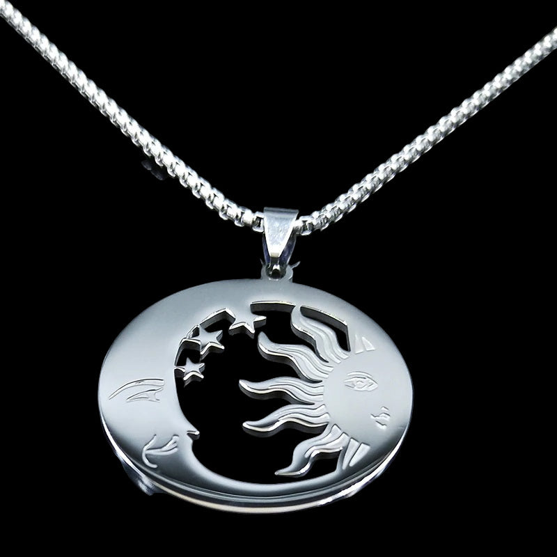 COLLIER SOLEIL/LUNE/ÉTOILES - ACIER INOXYDABLE ARGENTÉ ET STRASS - ESOTERYS