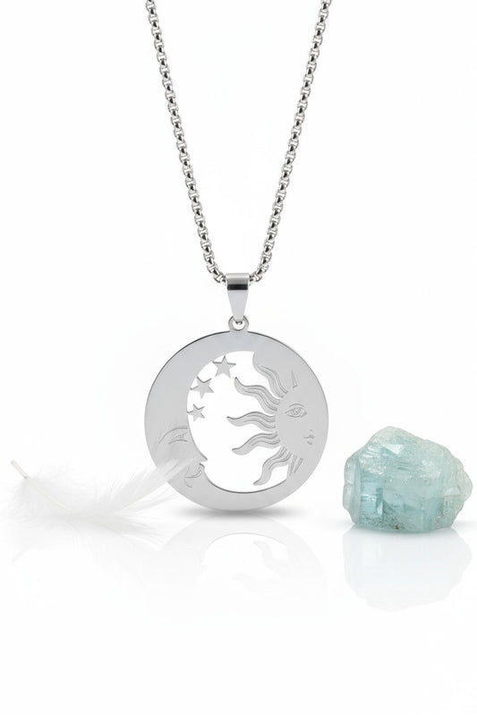 COLLIER SOLEIL/LUNE/ÉTOILES - ACIER INOXYDABLE ARGENTÉ ET STRASS - ESOTERYS