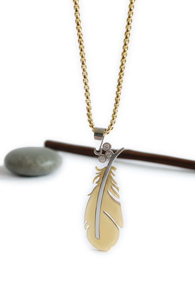 COLLIER PLUME - Acier Inoxydable DORÉ ET STRASS - ESOTERYS