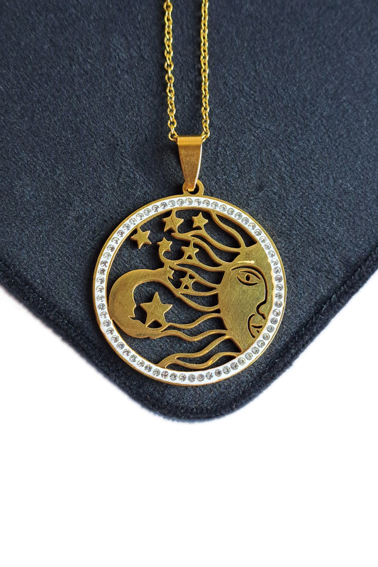 COLLIER LUNE/SOLEIL - ACIER INOXYDABLE DORÉ ET STRASS - ESOTERYS