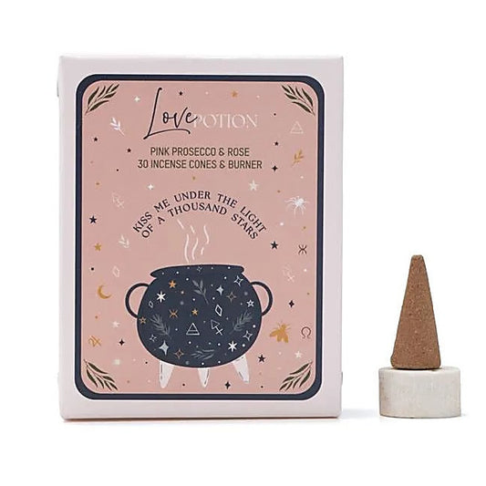 Cônes d’encens + brûleur assorti Magie Céleste – Philtre d’Amour-rose & Prosecco