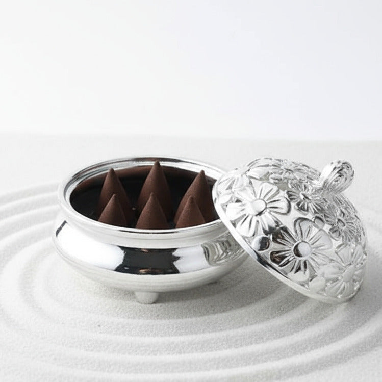 Brûleur d’Encens Argenté à Fleurs