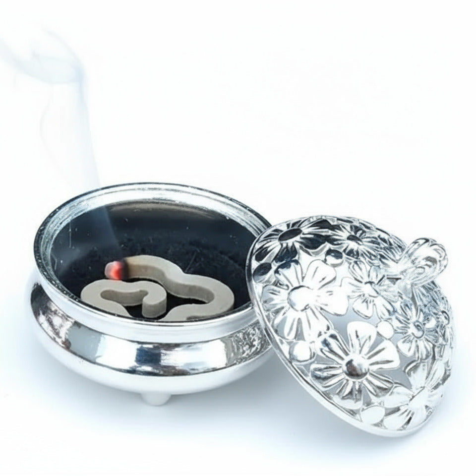 Brûleur d’Encens Argenté à Fleurs