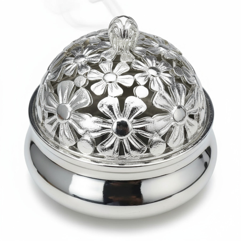 Brûleur d’Encens Argenté à Fleurs