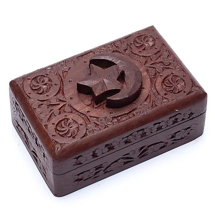 Boîte Lune/Étoile  en Bois de Manguier Sculpté à la Main