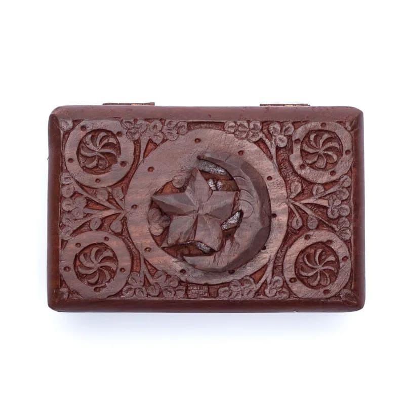 Boîte Lune/Étoile  en Bois de Manguier Sculpté à la Main