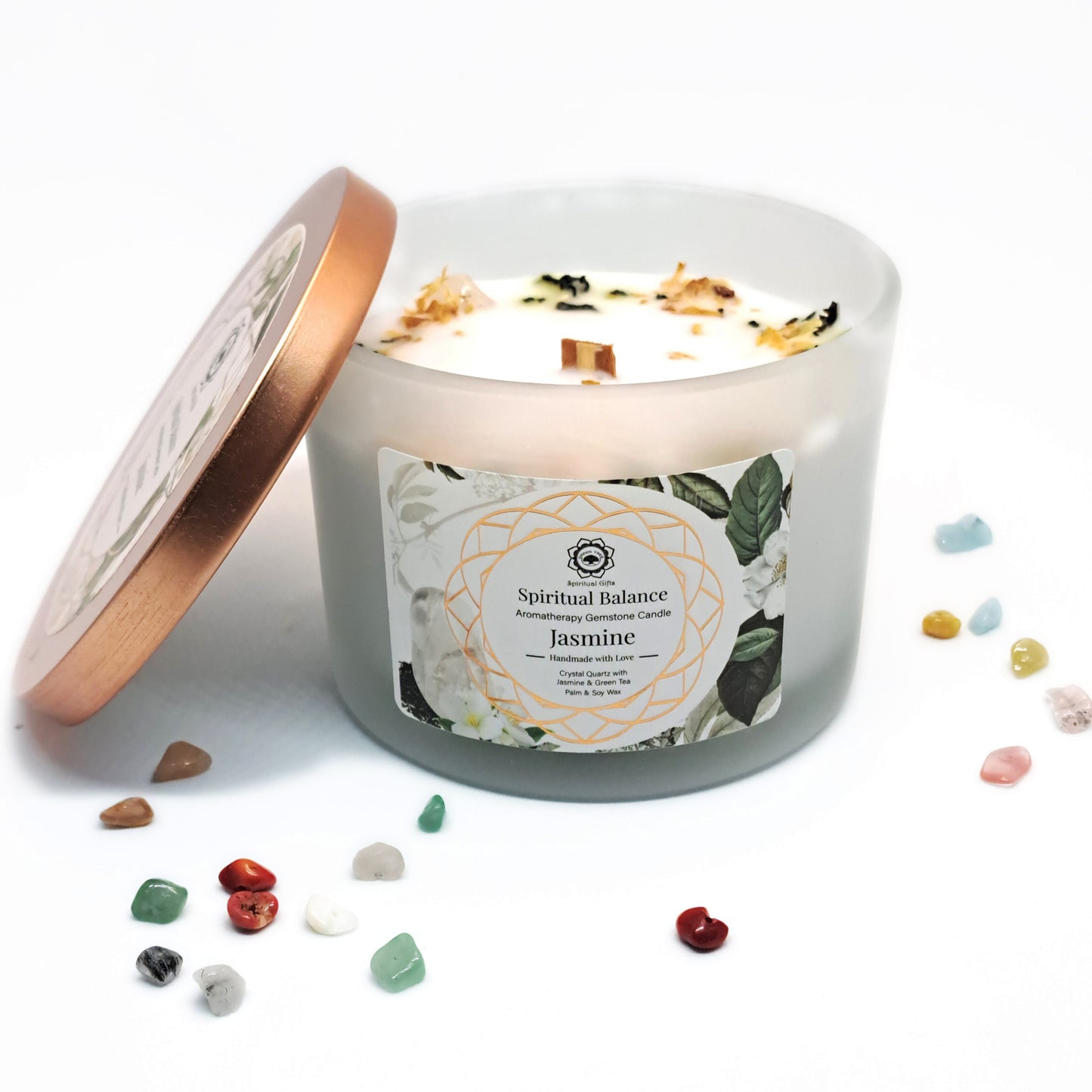 BOUGIE JASMIN &.CRISTAL DE ROCHE - ÉQUILIBRE SPIRITUEL - ESOTERYS