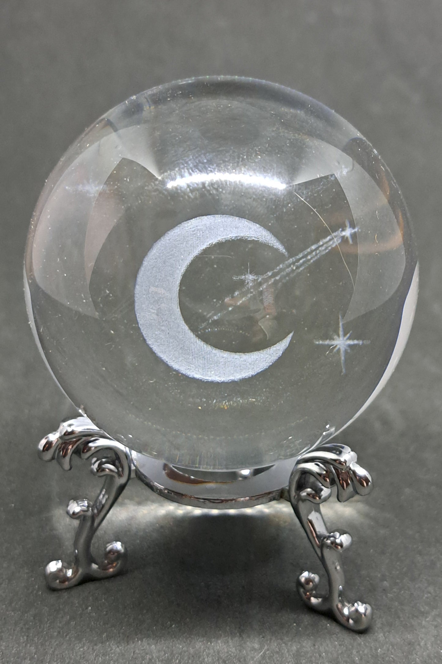 BOULE DE CRISTAL GRAVÉE 3 D - LUNE & ÉTOILE FILANTE