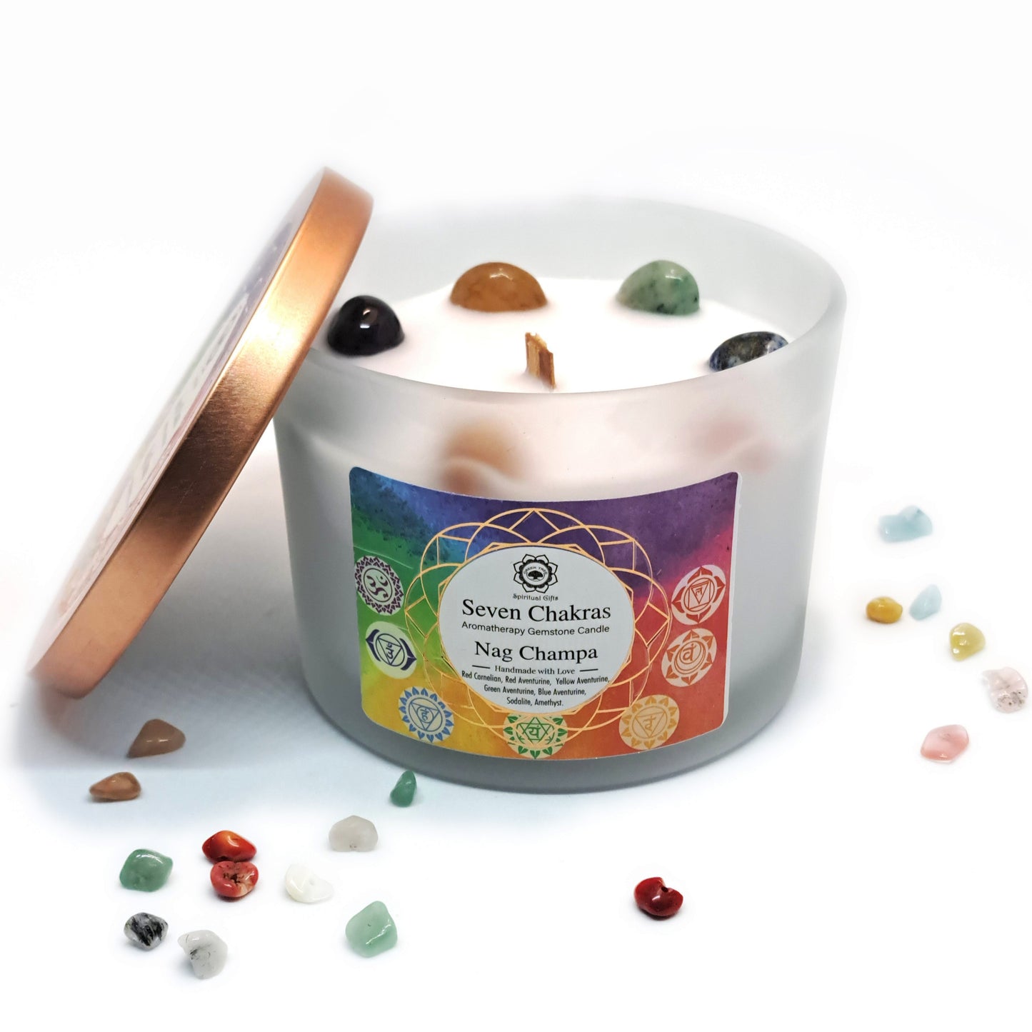 BOUGIE NAG CHAMPA & 7 CRISTAUX - 7 CHAKRAS - ESOTERYS