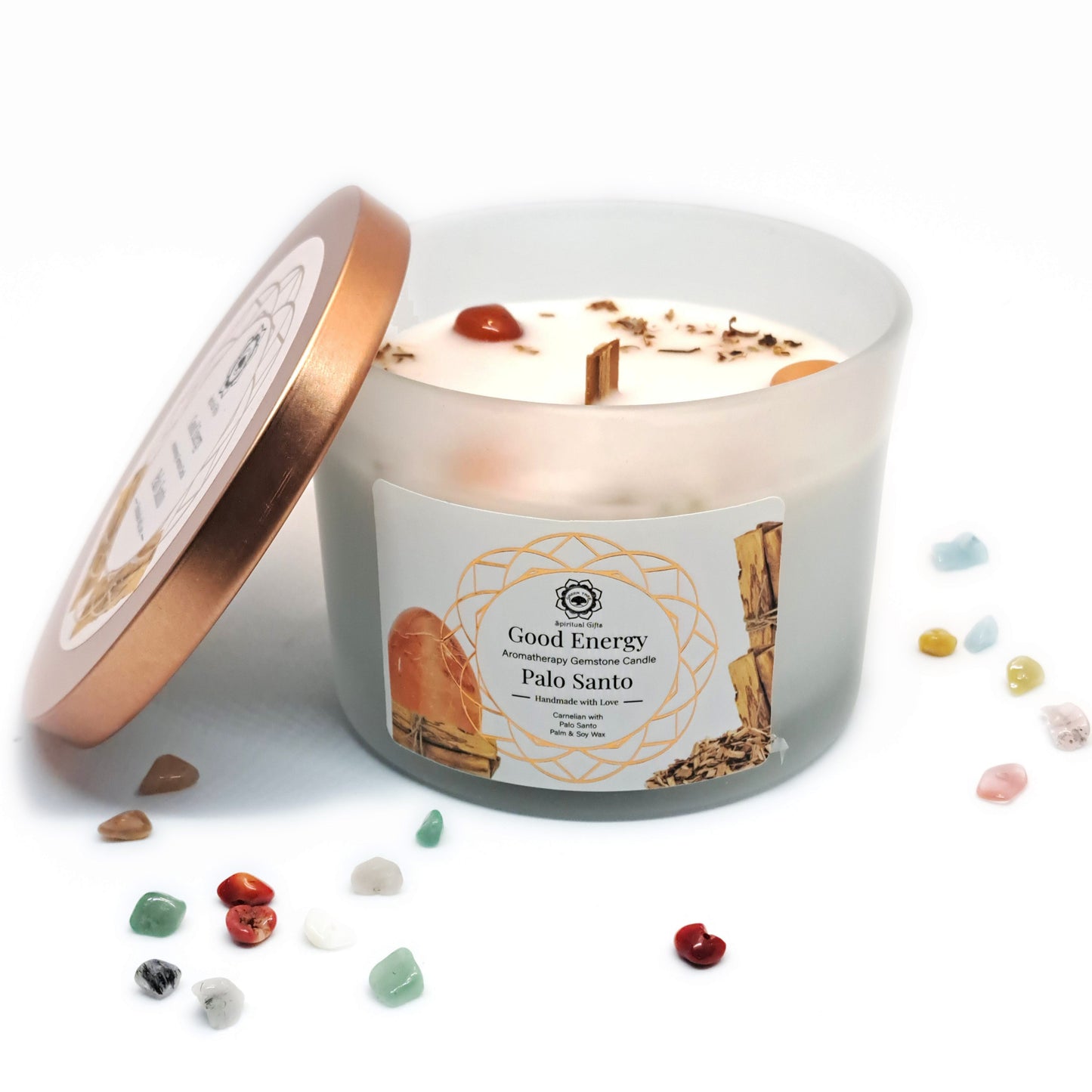BOUGIE PALO-SANTO & CORNALINE - ÉNERGIE POSITIVE - ESOTERYS
