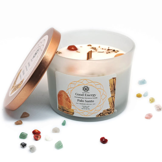 BOUGIE PALO-SANTO & CORNALINE - ÉNERGIE POSITIVE - ESOTERYS