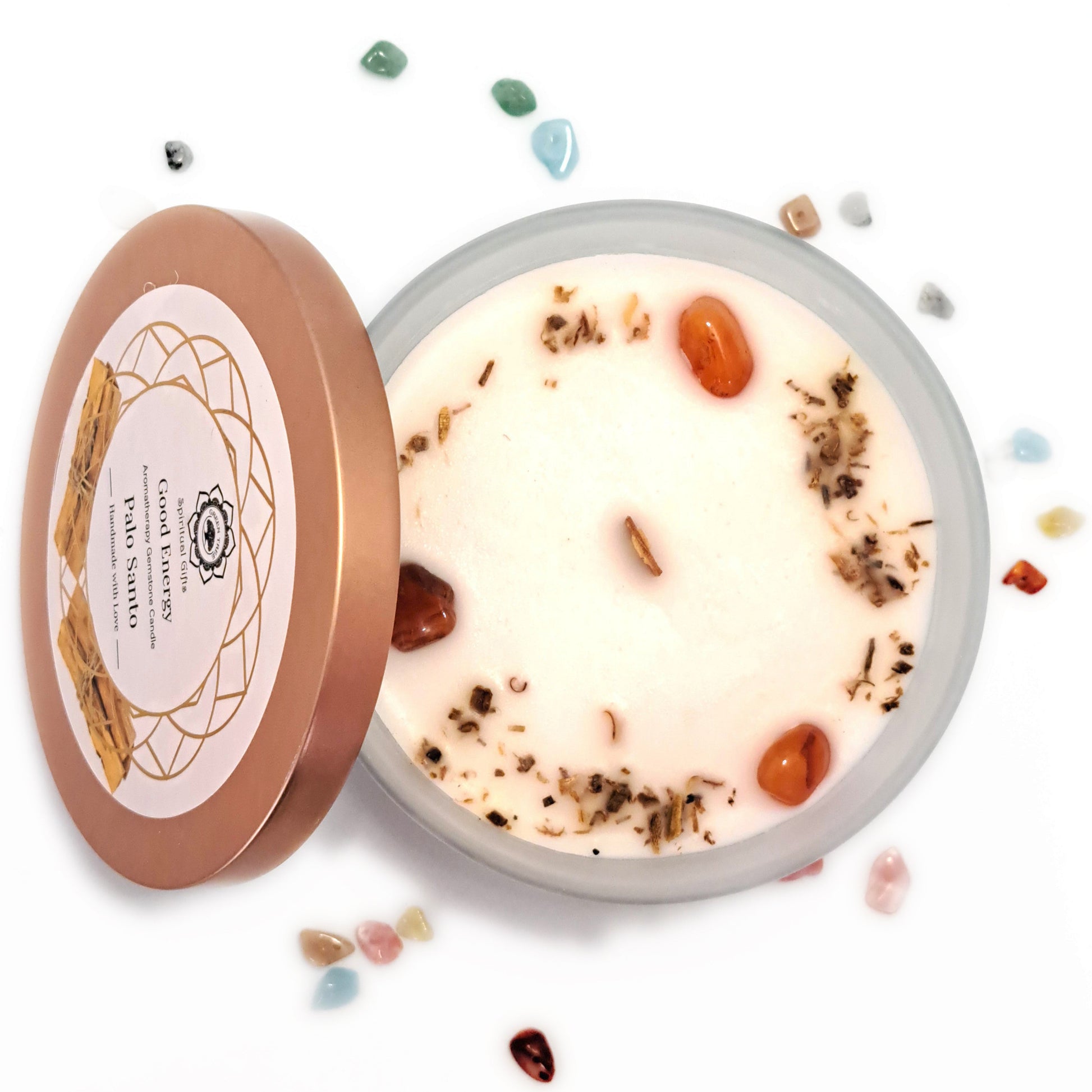 BOUGIE PALO-SANTO & CORNALINE - ÉNERGIE POSITIVE - ESOTERYS