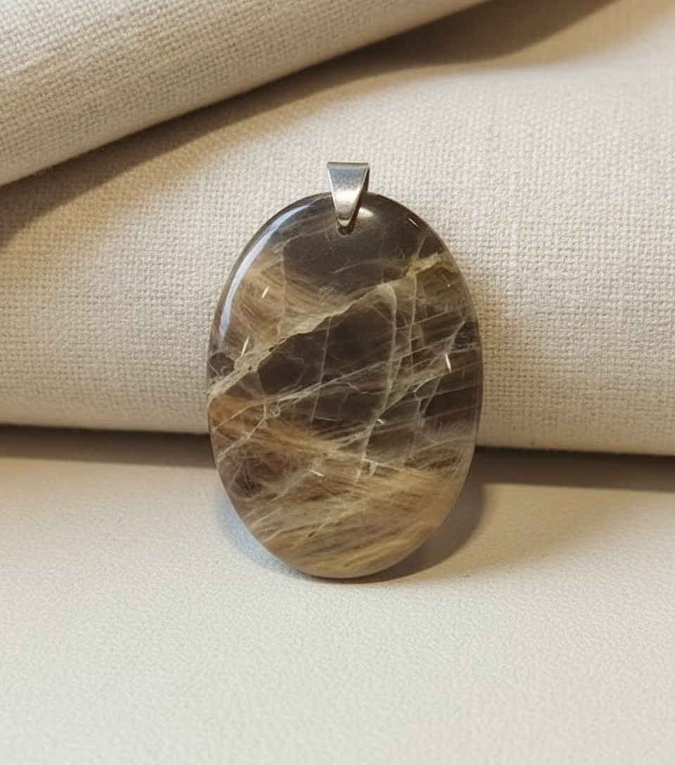 Pendentif pierre plate ovale - Pierre de lune noire AA - ESOTERYS