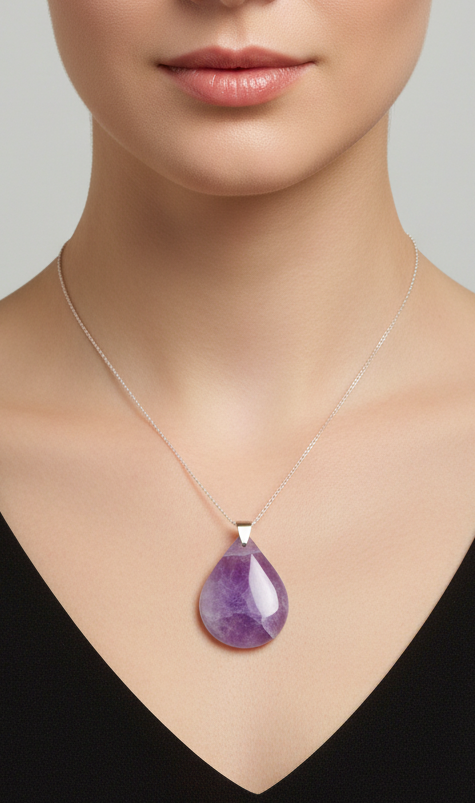 Pendentif pierre plate goutte - Améthyste AA
