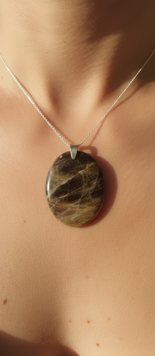 Pendentif pierre plate ovale - Pierre de lune noire AA - ESOTERYS